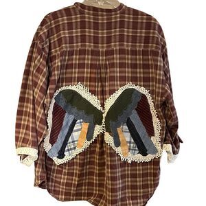 Upcycled Plaid Shirt with angel wings appliqué Patchwork Design box 28